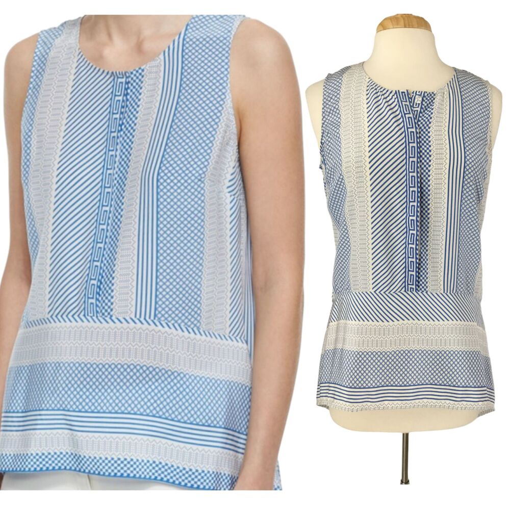 Veronica Beard Mixed Print Silk Peplum Top Size 8 Popover Sleeveless Blue White